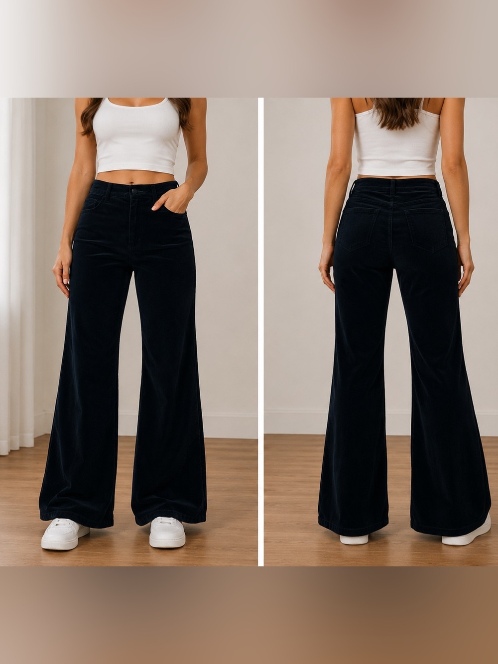 PAIGE Deep Navy Velvet High-Rise Wide-Leg Pants - Size 31